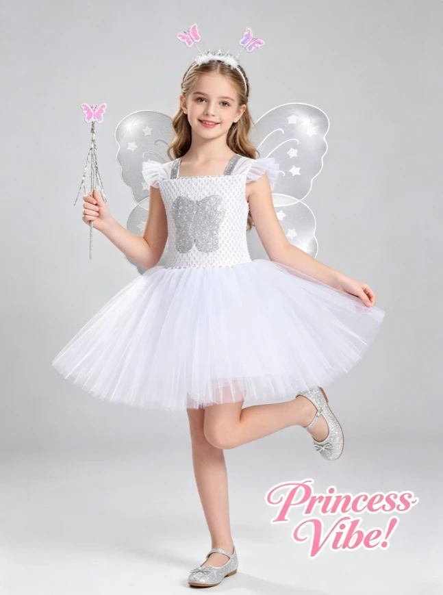 White Tooth Fairy Mesh Princess Tutu Dress With Butterfly Wings For Kids Halloween Party Dress Up Holiday And Stage Performance