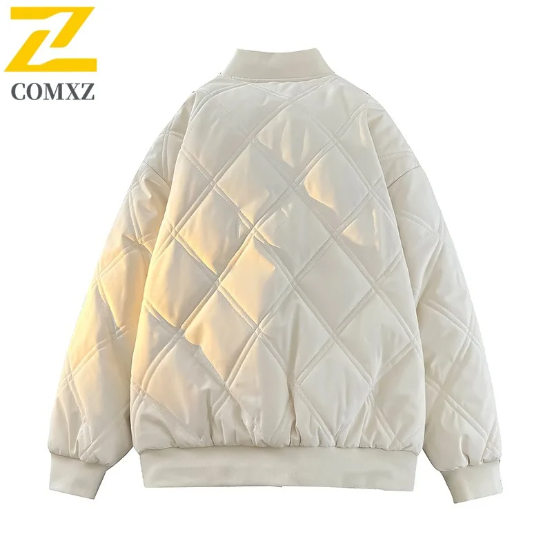 COMXZ 2025 Mens Womens Winter Duck Down Baseball Collar Puffer Jacket Korean-Style Warm Cotton-Padded Solid Color Casual Coat