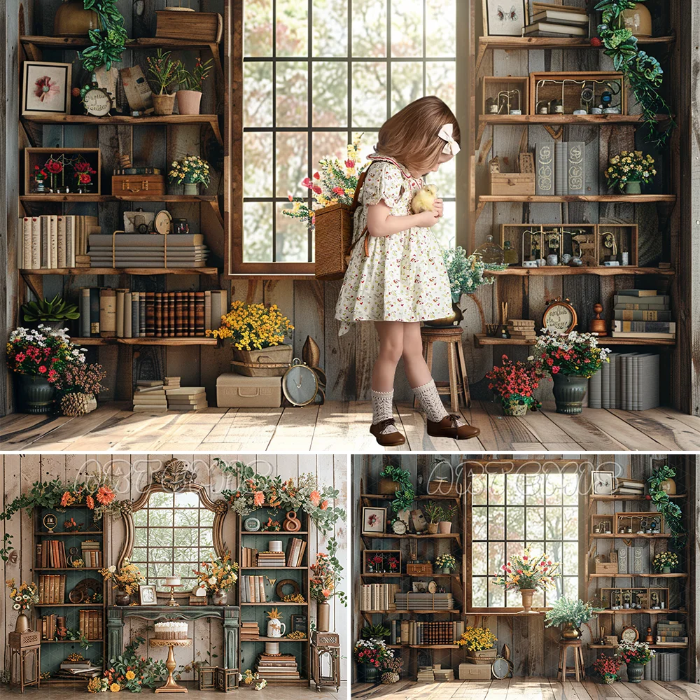 Back To School Backdrop Vintage Wooden Bookshelves Books trinkets Window Frame Flowers Decor Background Photo Studio Photo-call