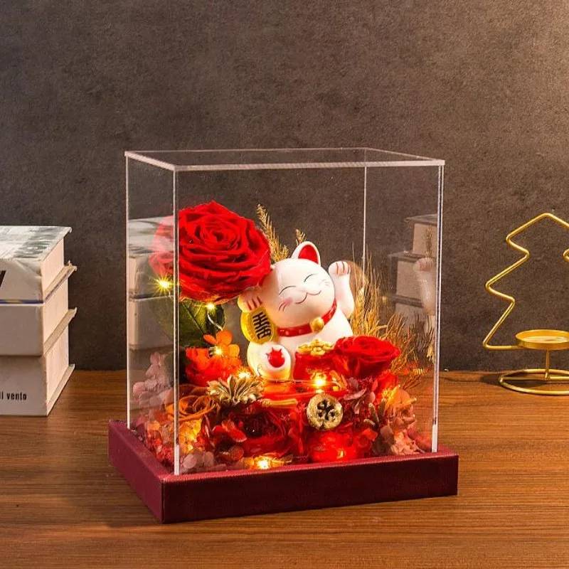 

Zhaocai Cat immortal flower rose acrylic gift box high-end decoration opening housewarming Valentine's Day birthday gift