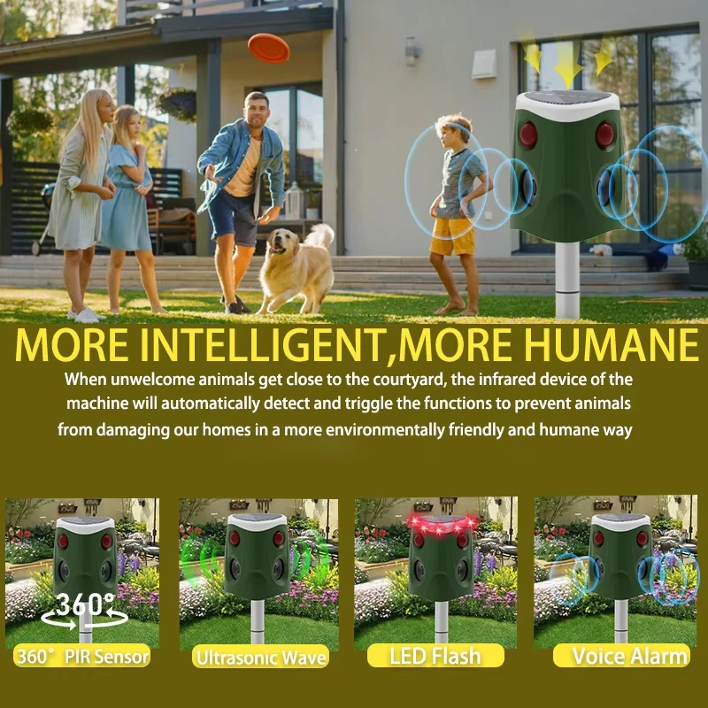 Solar Ultrasonic Animal Repellent with LED Flashing Multi Gear Adjustment Infrared Sensing Rodent Deterrer Outdoor Garden Use