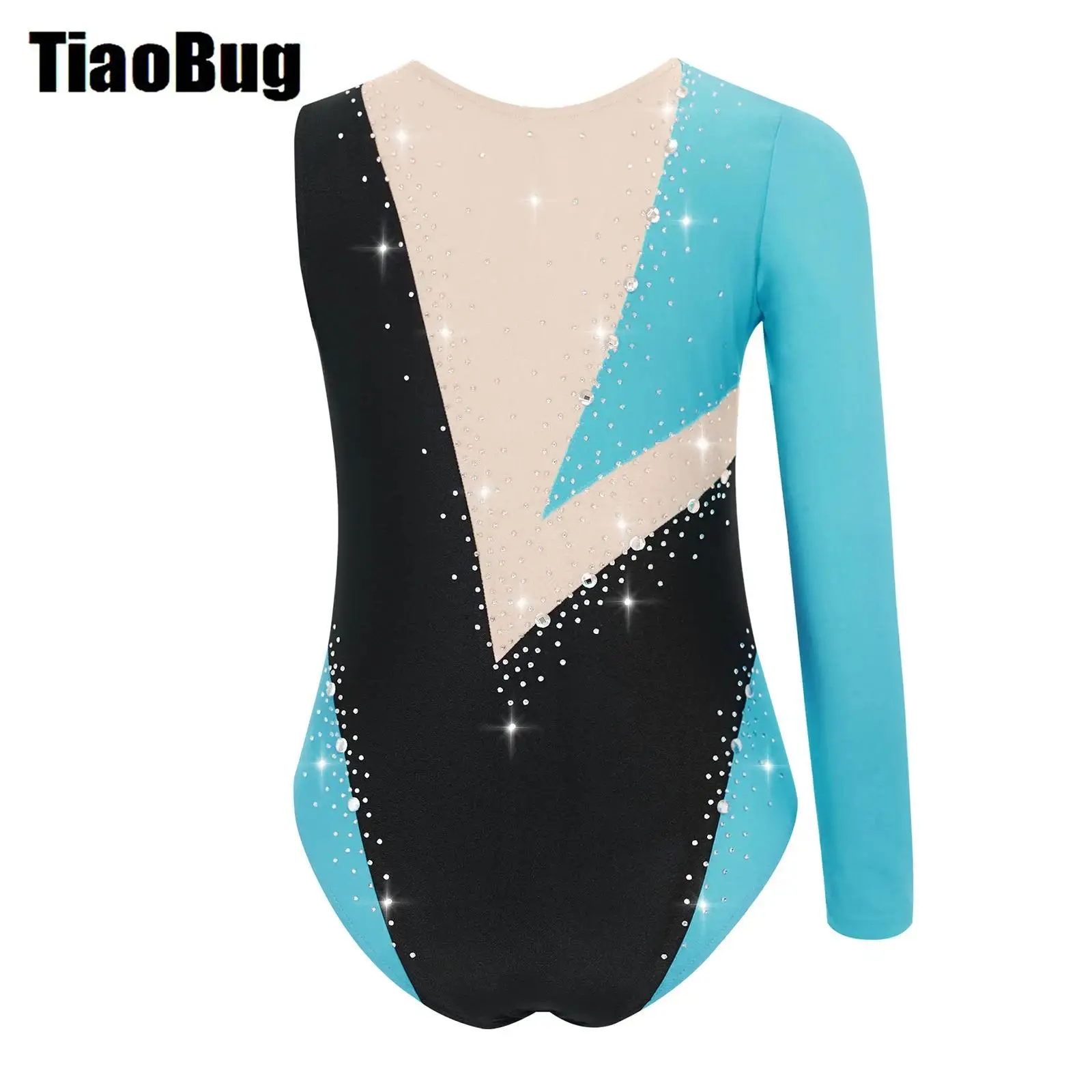 

Girls Gymnastics Ballet Dance Leotard Figure Skating Performance Costume Rhinestones Color Block Asymmetrical Bodysuit Dancewear