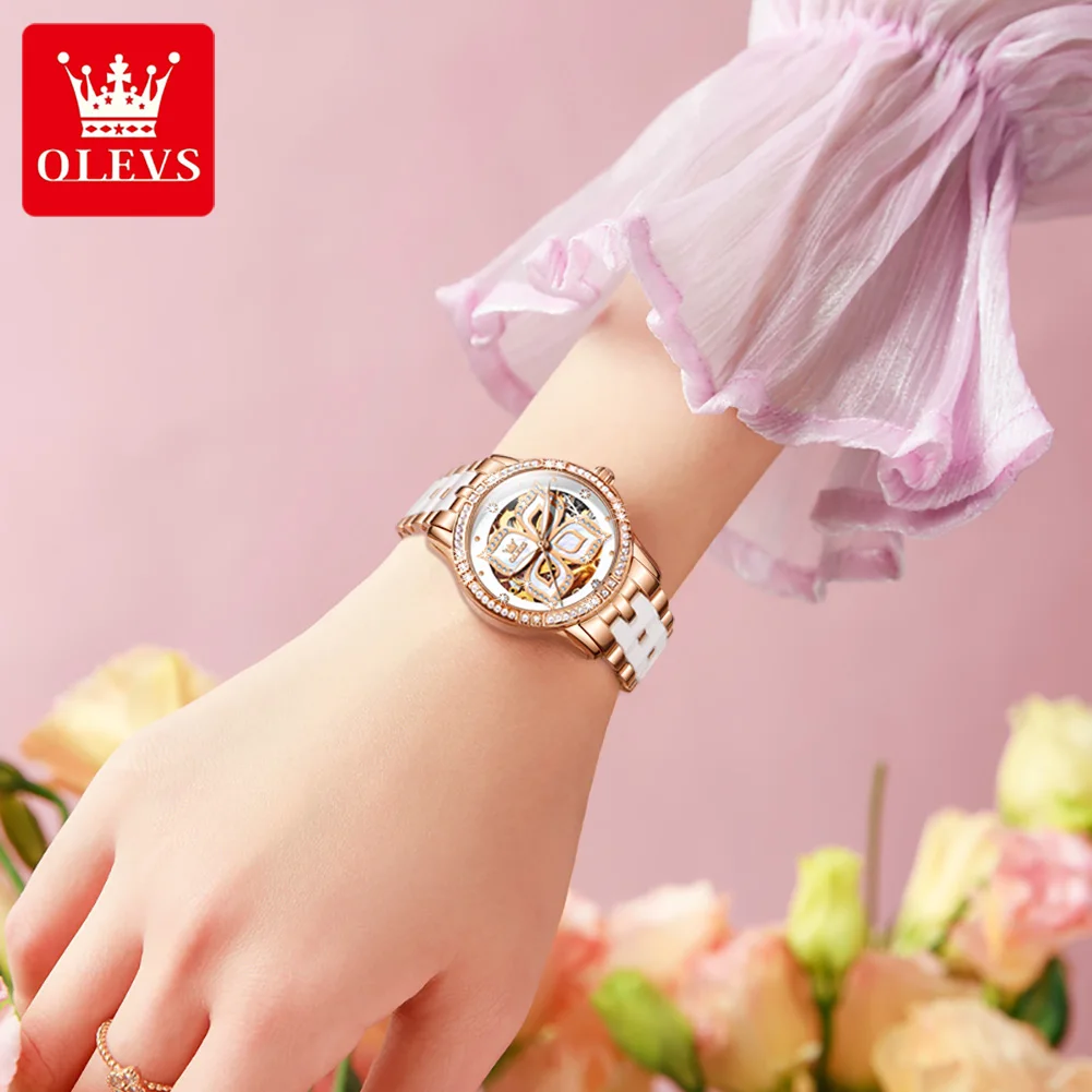 OLEVS 6612 Women's Automatic Mechanical Watch Luminous Hollow Four Leaf Ceramic Strap Original High Quality Ladies Watch