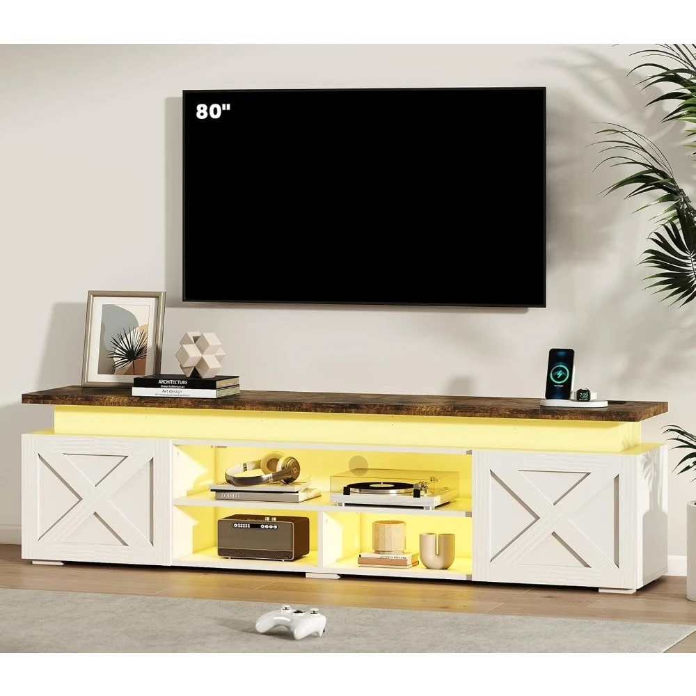 Farmhouse TV-Stand for 80" TVs - Modern Entertainment Center with Led Light and Power Outlet, TV Cabinet with Adjustable Shelf