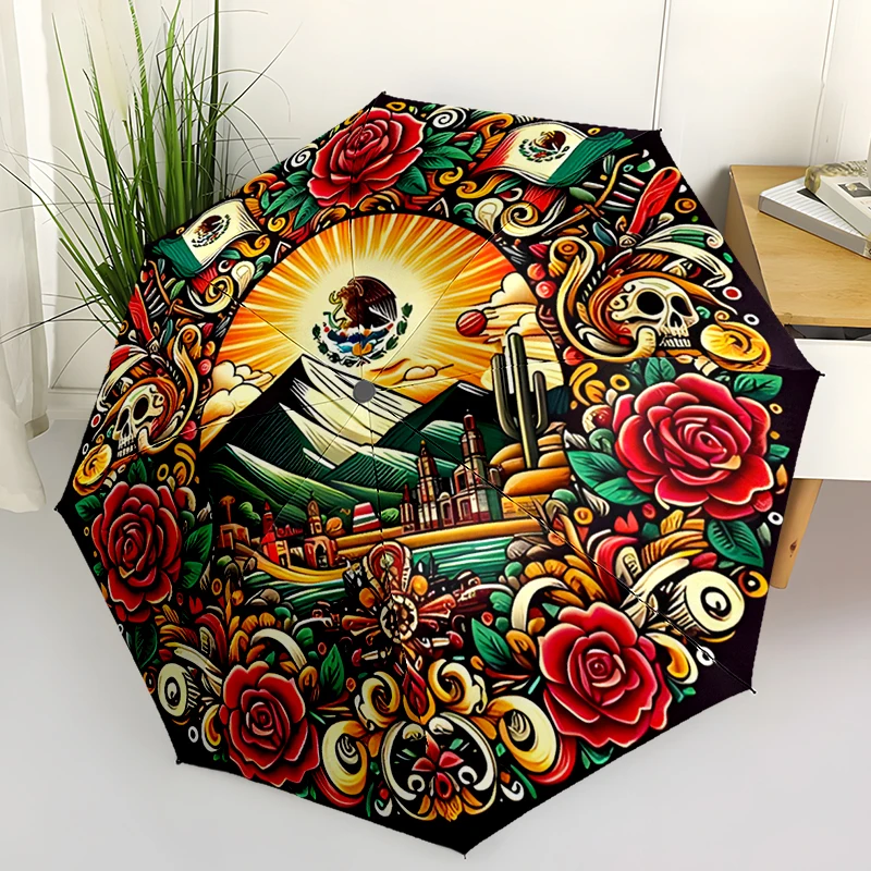 Mexico Theme Design Folding Umbrella - Fashionable Auto-Open Design 8 Iron Ribs Plastic Handle Foldable Sunshade，Perfect Gifts