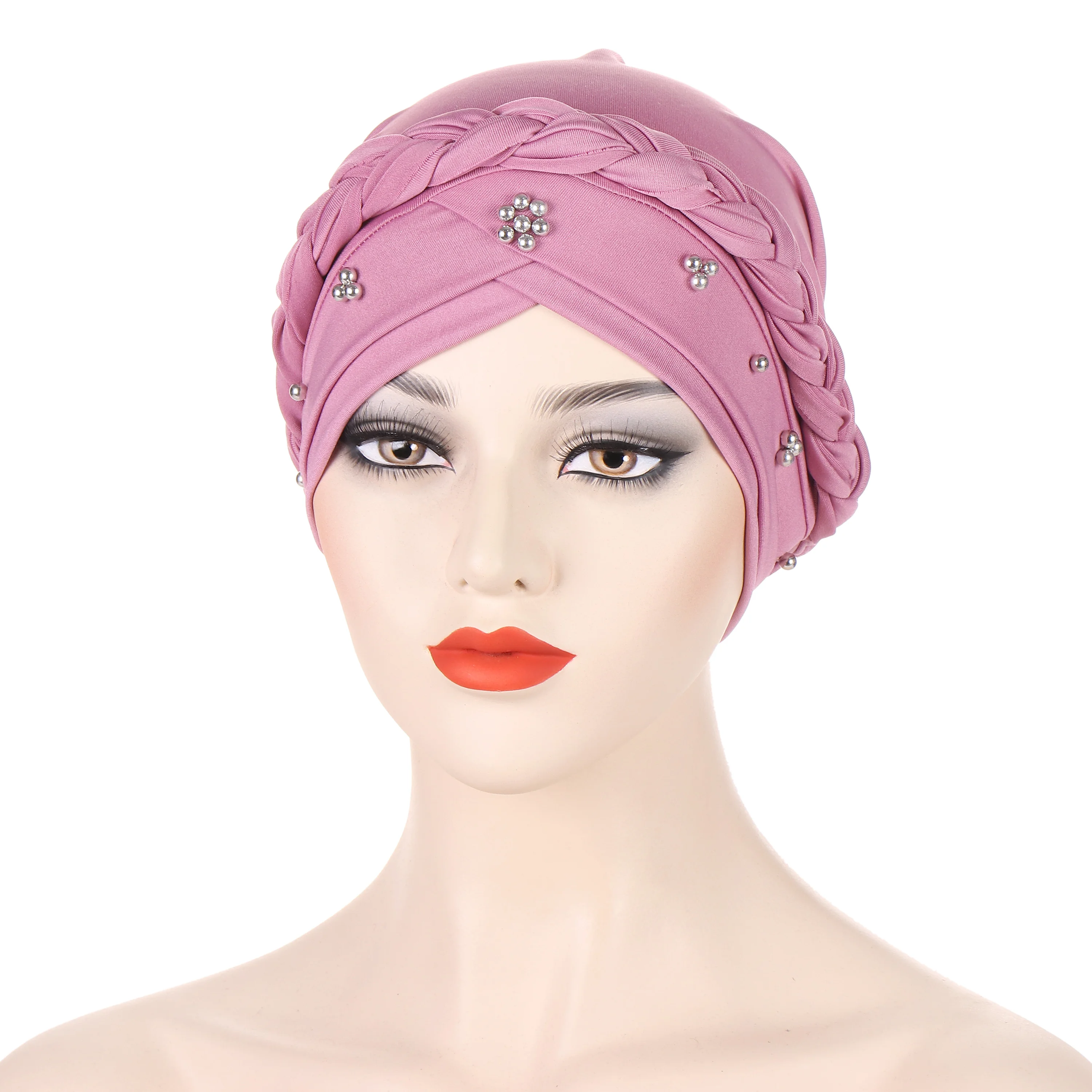 Beads Decor Braided Turban Cap Solid Color Elastic Hijab Hat Lightweight Head Wraps Women Chemo Cap Bonnet