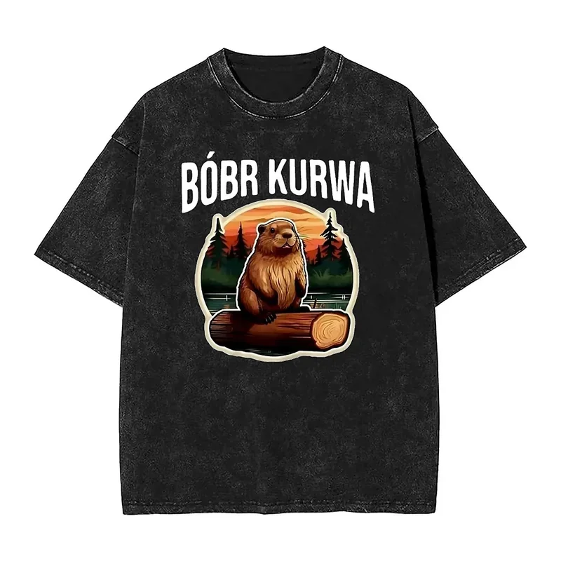 Bobr Kurwa Washed T-Shirt Mens polish bober Streetwear Simple T-Shirts Summer O Neck Fashion Tees Design Oversize Clothes