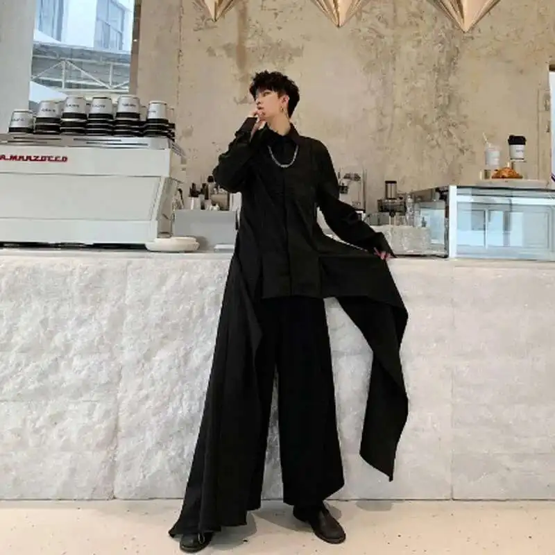 Irregular Design Men Nightclub Party Black White Long Shirt Autumn DJ Stage Costume Man Vintage Hip Hop Punk Dress Shirts