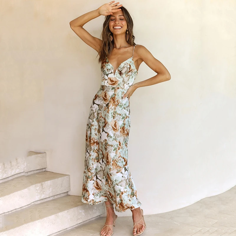 Ardm Elegant V Neck Floral Print A-Line Boho Summer Dresses For Women 2022 Vintage Blackless Beach Spaghetti Midi Dress Vestidos