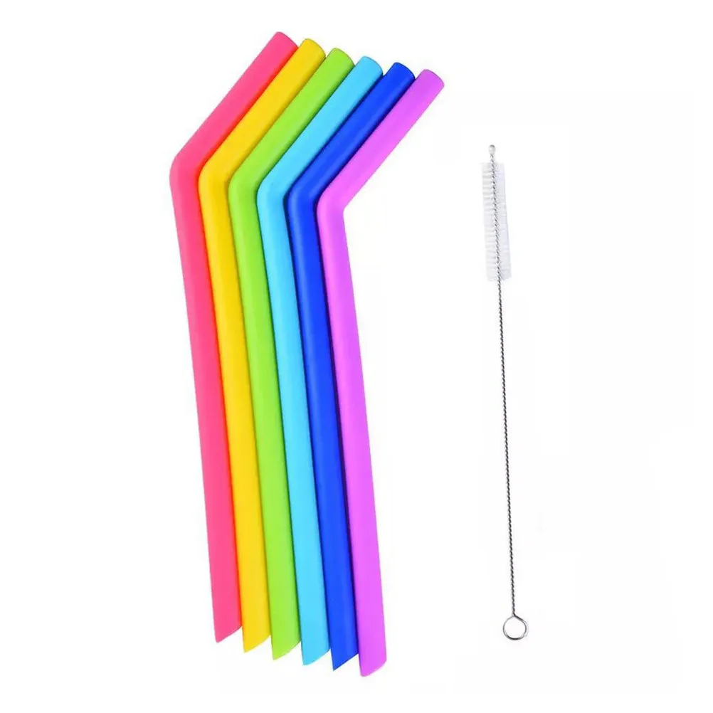 6Pcs Food Grade Silicone Drinking Straws Set with Cleaning Brush Reusable Foldable for Smoothies Coffee Tea Cocktails Travel