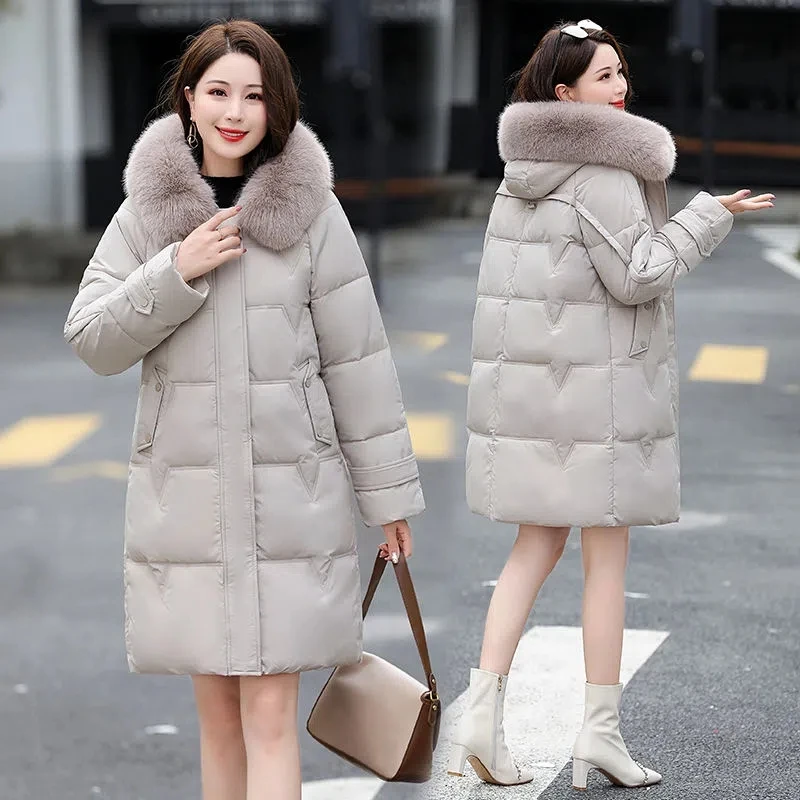 

Down Jacket Women 2022 Winter New Elegant Fashion Slim White Duck Down Coat Female Thick Large Size Long Hooded Warm Parkas