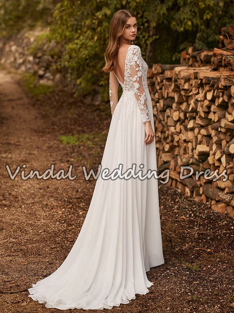 فستان زفاف بوهو عتيق بأكمام طويلة من Vindal للعروس برقبة سكوب شيفون زهري على شكل حرف a فستان العروس رداء De Mariée مخصص #2