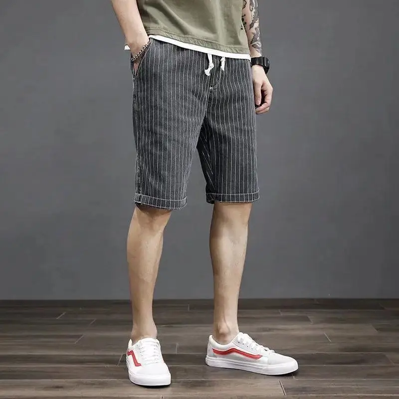 Men\'s Short Jeans Pants Long Big Size Stretch Male Denim Shorts Drawstring Half Bermuda Stripe Oversize With Vintage Blue