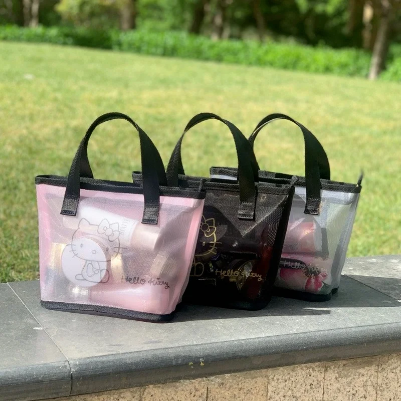 Sanrio-Bolsa de cosméticos portátil Hello Kitty para mujer, estuche de maquillaje, bolsa de maquillaje transparente, bolso Kawaii, Pintalabios