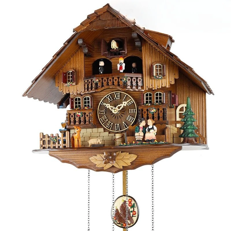 Small villa cuckoo clock silent European retro light luxury wall clock living room wooden European style