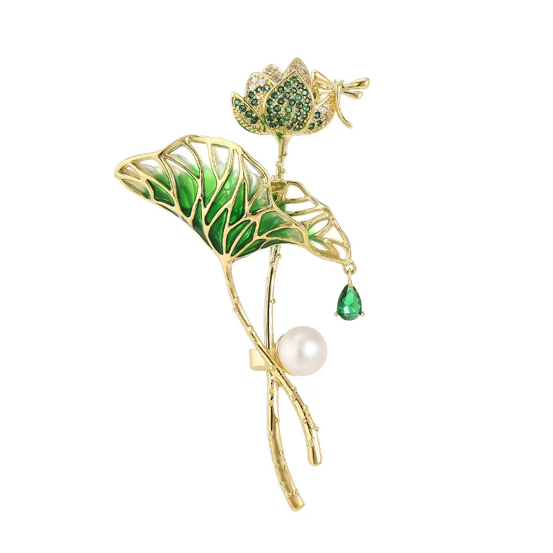 مزاجه الأخضر بالتنقيط النفط زهرة اللوتس دبابيس للنساء سيدة رائعة حجر الراين لوتس ليف بروش مأدبة حفلة مجوهرات دبوس