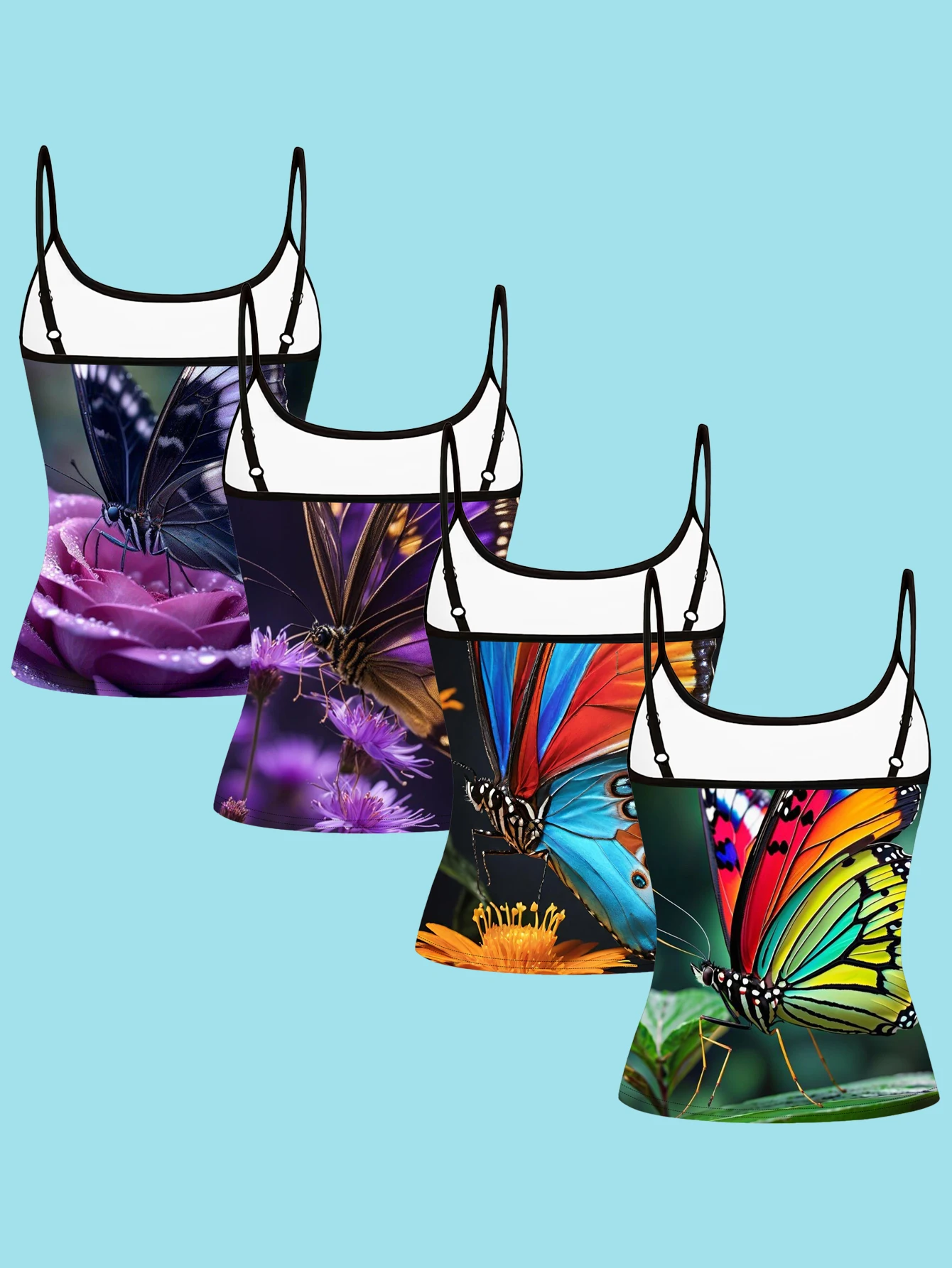 4-Piece Set of Women's Realistic Colorful Large Butterfly Floral Print Spaghetti Strap Camisole Slim-Fit Base Layer Tops