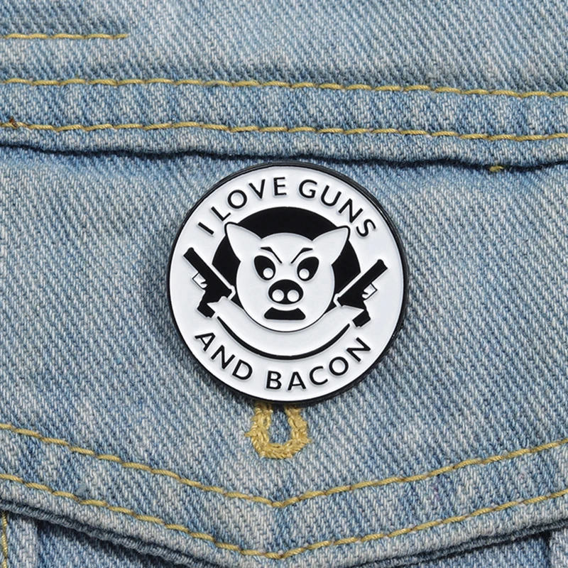 I Love Guns And Bacon Enamel Pins Custom Killer Pig Brooches Lapel Badges Cartoon Animal Jewelry Gift for Kids Friends