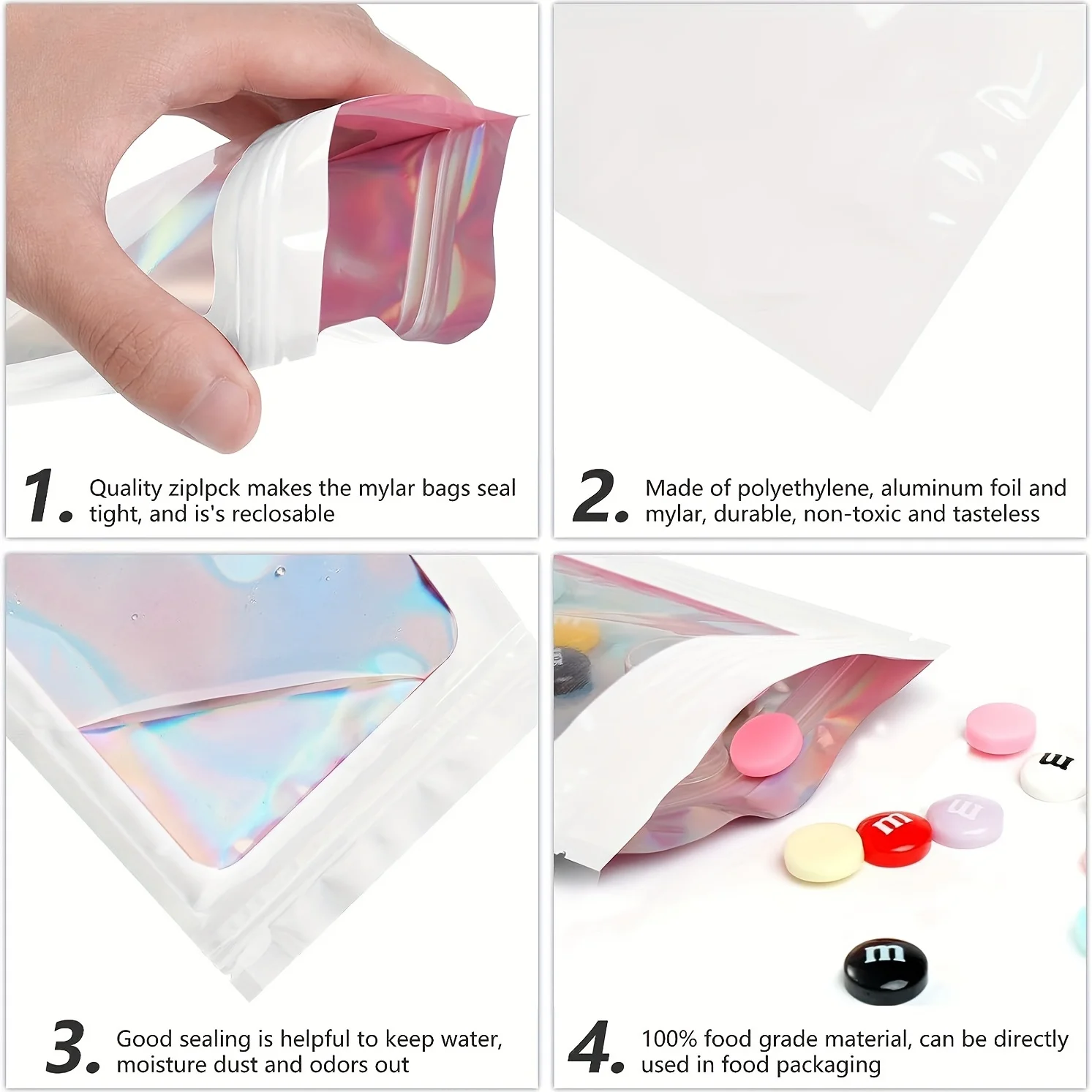 100 pieces of polyester film holographic bag packaging bag, transparent resealable odor proof bag, food storage and lip gloss fo