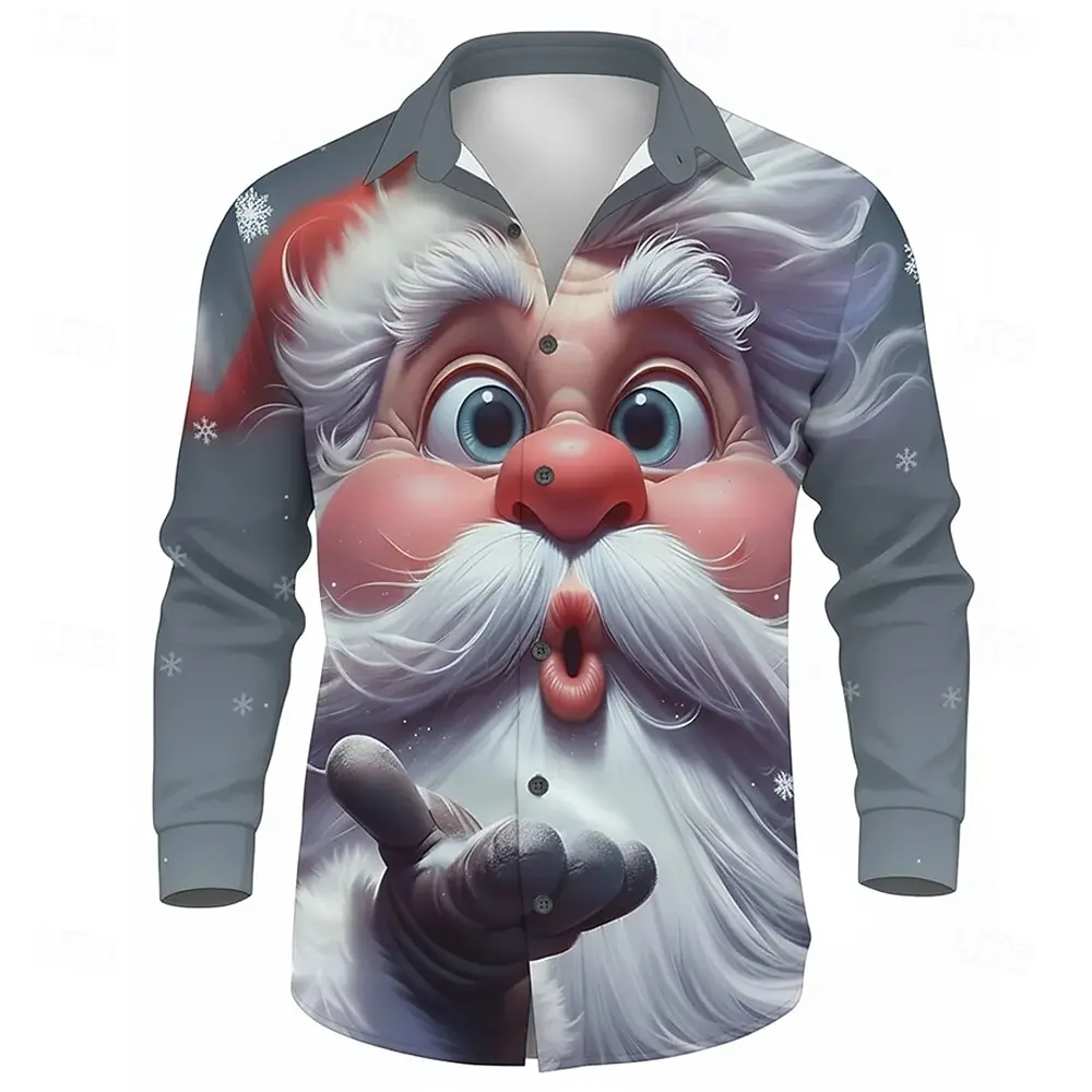 Men's 3D Graphic Long Sleeve,Street Style Fashion,Santa Claus 3D Cartoon Smile Face Print Design,2025 Autumn Casual Shirt