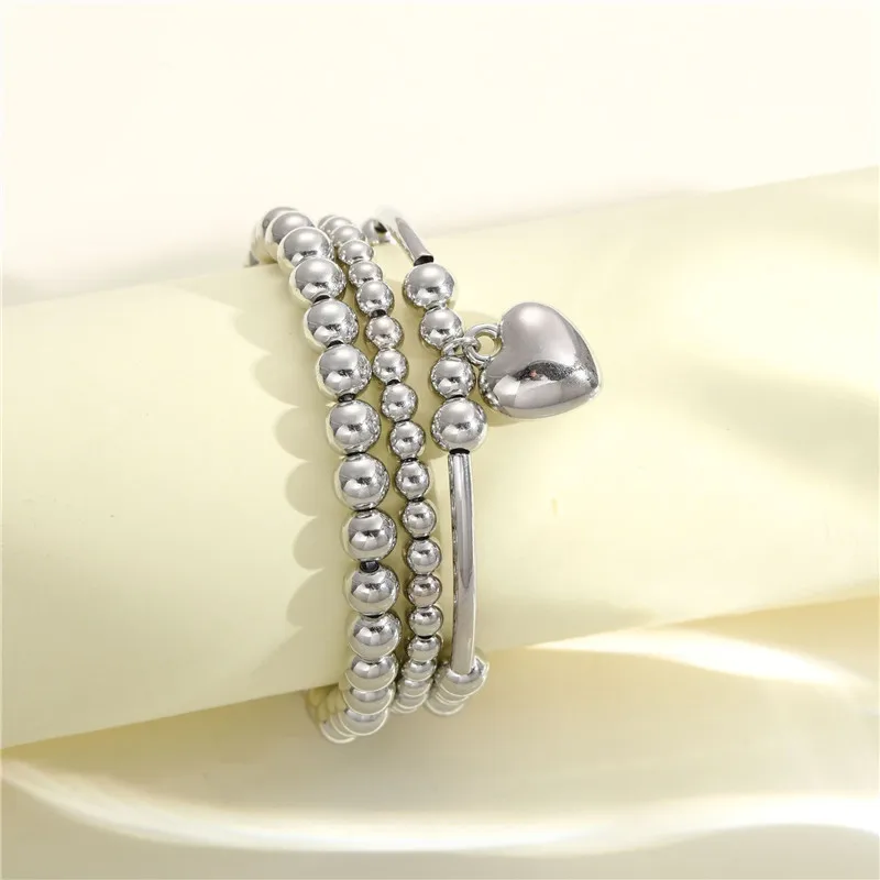3 pcs/set Trend Heart Pendant Bracelets Set for Women Silver Color Ball Beaded Bracelets Bangles Jewelry New 2025