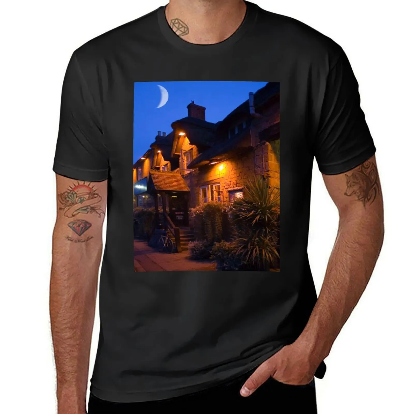 

Old English pub with crescent moon in background T-Shirt blanks customs mens graphic t-shirts hip hop