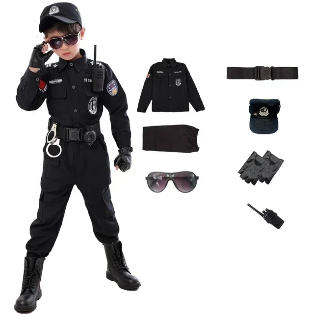 Costumes de policier du SWAT pour enfants, uniforme de police de carnaval pour enfants, armée, policier, soldat, Halloween, 110-