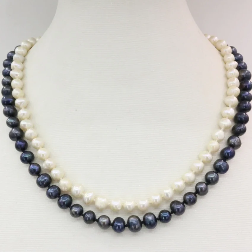 Wedding jewelry natural real white freshwater 7-8mm pearl beads 2 rows necklace fashion statement women chain 17-18inch