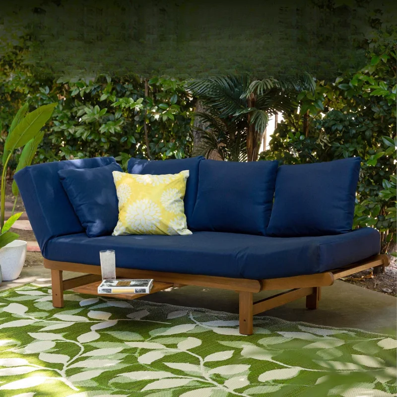 

Outdoor Convertible Acacia Wood Sofa Futon, Weather Resistant Patio Lounge with Pullout Side Tray, Navy Blue Removable Cushion &