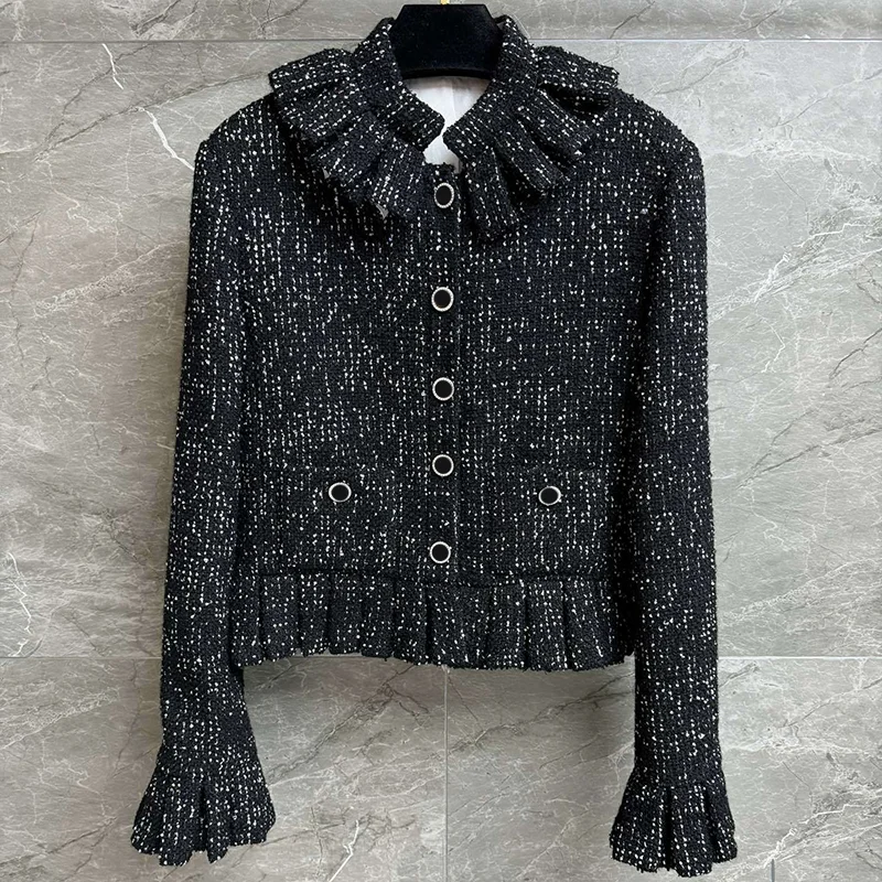 

Высококачественное женское весенне-осеннее пальто с тонкими металлическими пайетками, воротником с рюшами и манжетами, роскошная куртка 251107112