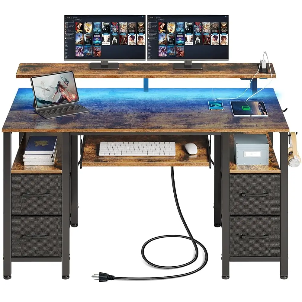 

Computer Desk 55.1"" With Led Lights & Power Outlets, Home Office Desk With 4 Drawers, Writing Desk With Keyboard Tray, Study