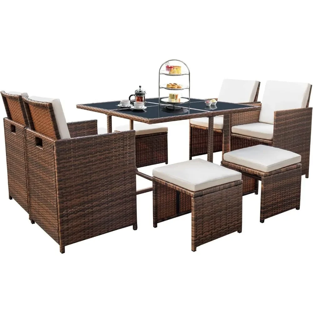 Juegos de comedor para Patio, sillas de mimbre con mesa de cristal, muebles de Patio, asientos acolchados, ahorro de espacio al aire libre, 9 piezas