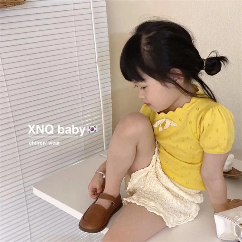 Girls\' Suit Summer New Fashionable Western Style Baby Girls\' Hollow-out Short-Sleeved Shirt and Shorts Two-Piece Summer