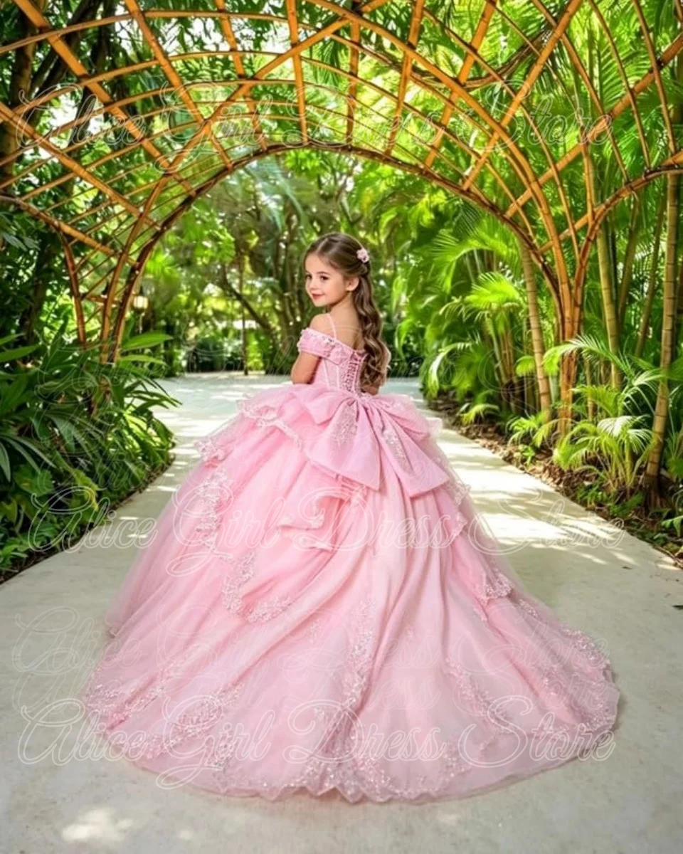 Customized Pink Flower Girl Dresses for Wedding With Trail Sequins Lace Appliques Girl First Communion Kids Birthday Party Gowns