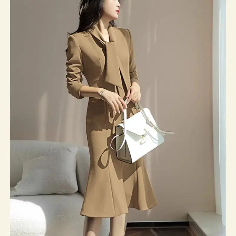 New Style of Women's Clothing Elegant and Elegant Lady's Over-the-knee Long Skirt Light and Luxurious Fishtail Windbreaker With