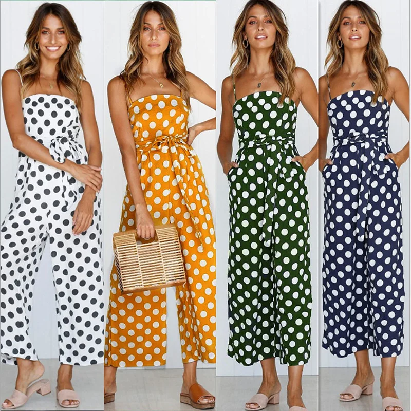 Fashion Open Back Polka Dot Printed Shoulder Strap Chiffon Suspenders One-piece Wide-leg Pants Ladies Jumpsuit Summer Vestidos