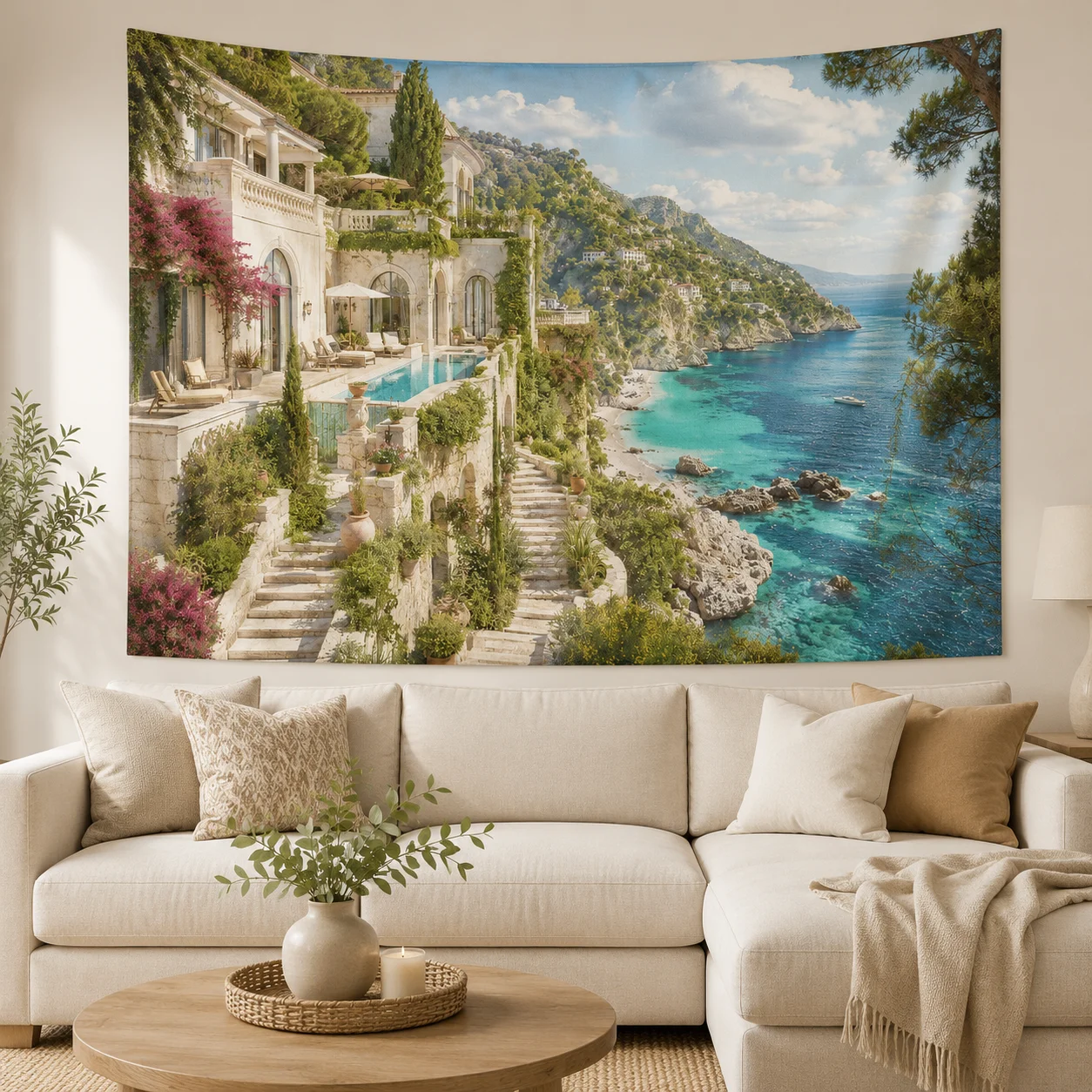 Mediterranean Arch Tapestry Sea View Wall Hanging Polyester Boho Room Decor Aesthetic Coastal Scenery Backdrop Fabric Carpet