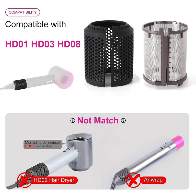 فلتر داخلي لمجفف الشعر + قفص فلتر خارجي لموديلات مجفف الشعر HD01 HD03 HD08، مع فرشاة تنظيف الفلتر A-A09G