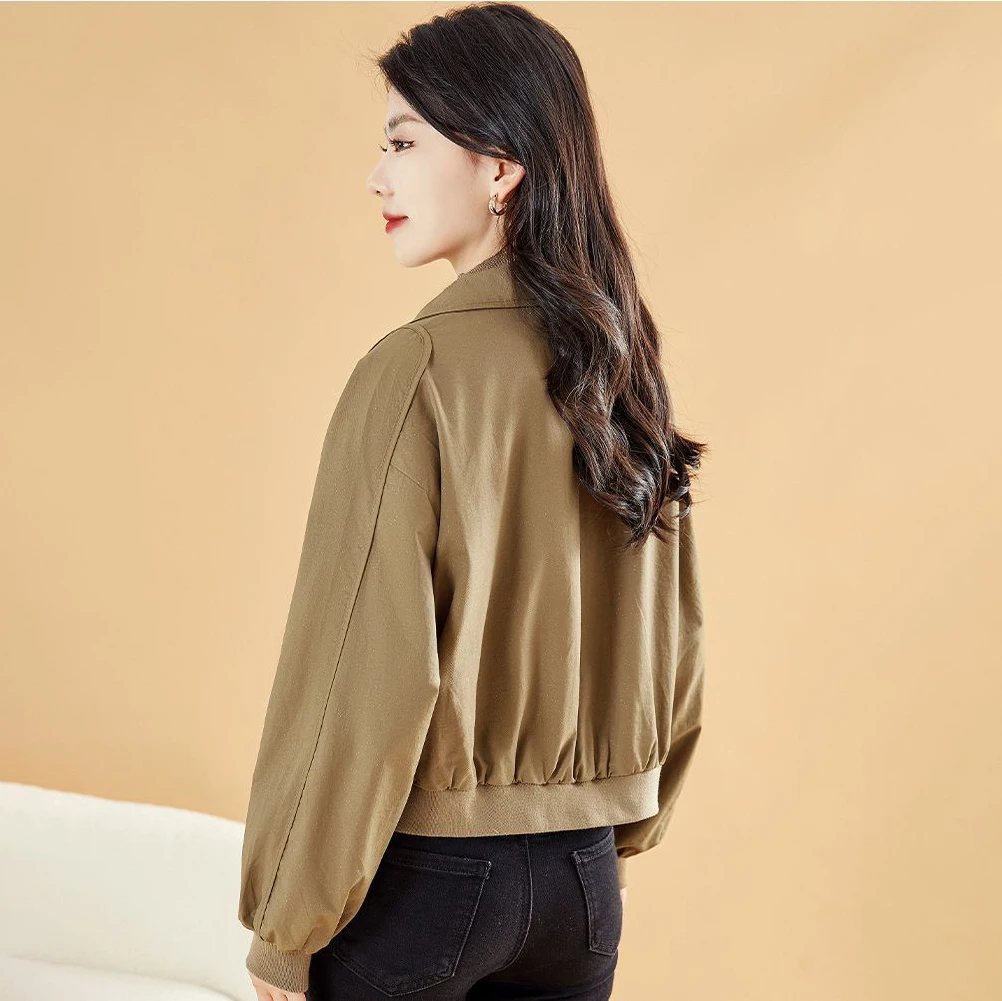 Stand Collar Zip Front Multi Pocket Jacket Women Long Sleeve Elastic Cuff Loose Casual Spring Autumn Streetwear Outerwear Coat