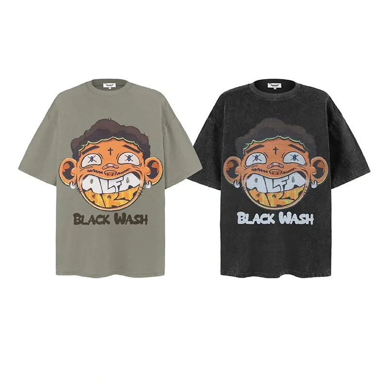 

Summer Pure Cotton T-shirts Man Fashion Retro Washed Distress O-neck Short Sleeve Tees Hip Hop Streetwear Oversized T Shirts Men