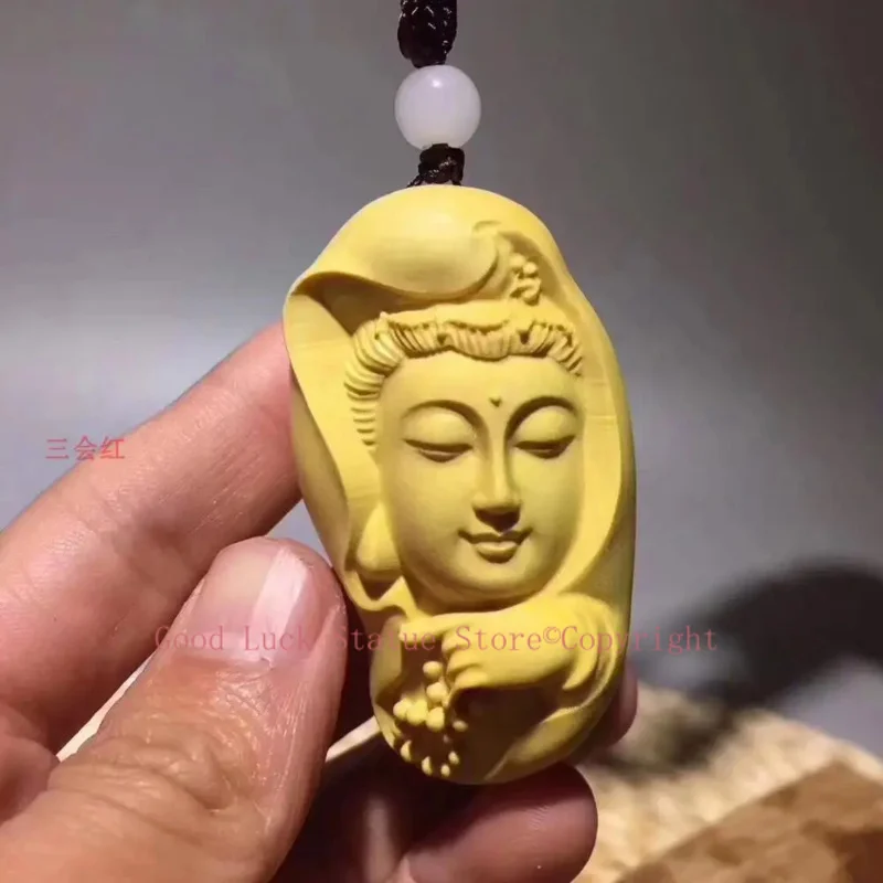 

HOME CAR pocket travel bless Safe GOOD LUCK Avalokitesvara Guanyin Buddha Handmade Boxwood carving buddha Pendant Amulet