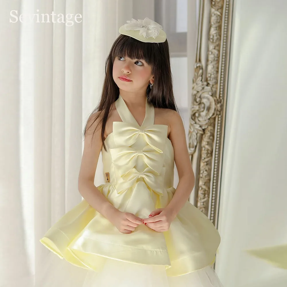 

Sevintage Cute Baby Yellow Flower Girl Dresses With Bow Halter Wedding Party Dresses Kids A-Line Princess Birthday Dress Customi