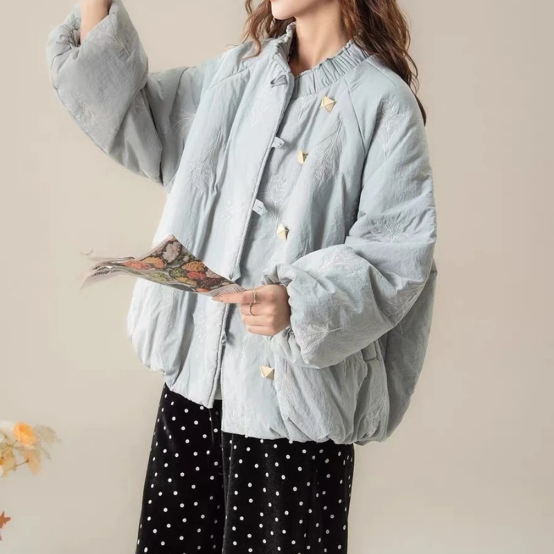 

Stand-up Collar Embroidered Cotton-padded Clothes for Women's Autumn and Winter 2025 New Loose Button Cardigan Cotton-padded
