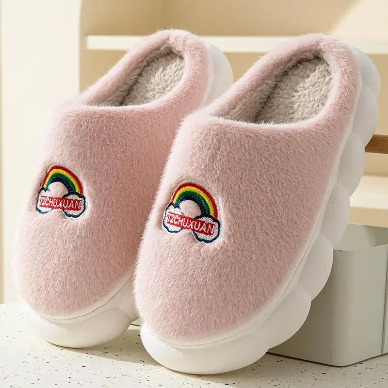 Casual Fluffy Slippers Women House Flats Winter Rainbow Designer Shoes Ladies Home Plush Warm Platform Elegant Footwear Big Size