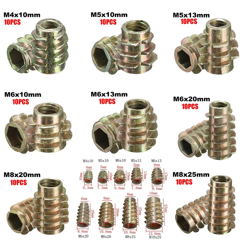 10PCS/SET M4 M5 M6 M8 M10 Hex Drive Screw In Threaded Type E Insert Nut Screws Assortment For Wood 9-SIZE