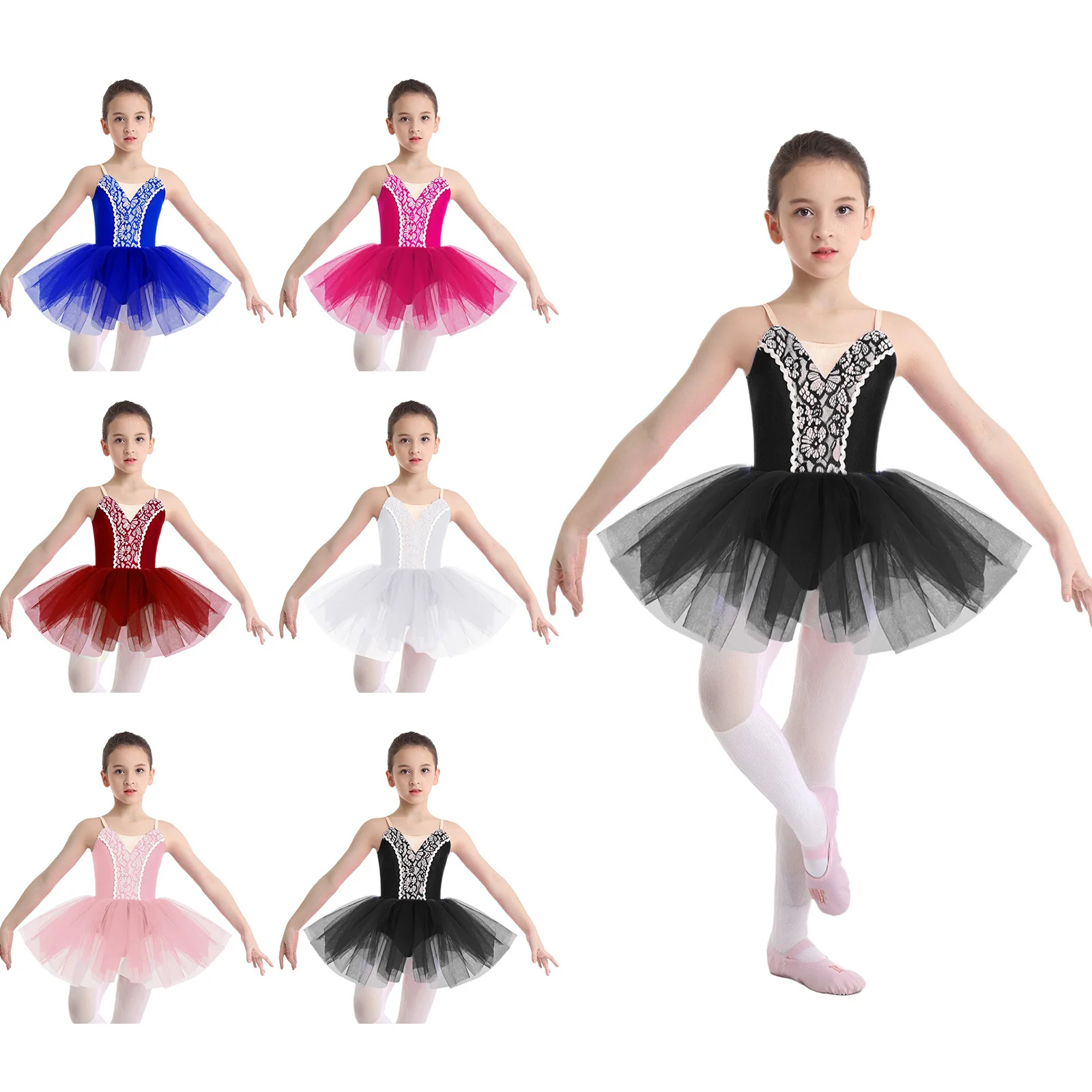 Girls Ballet Tutu Dress Dance Performance Costume with Adjustable Straps Sleeveless Front Lace Leotard Lyrical Dance Costumes