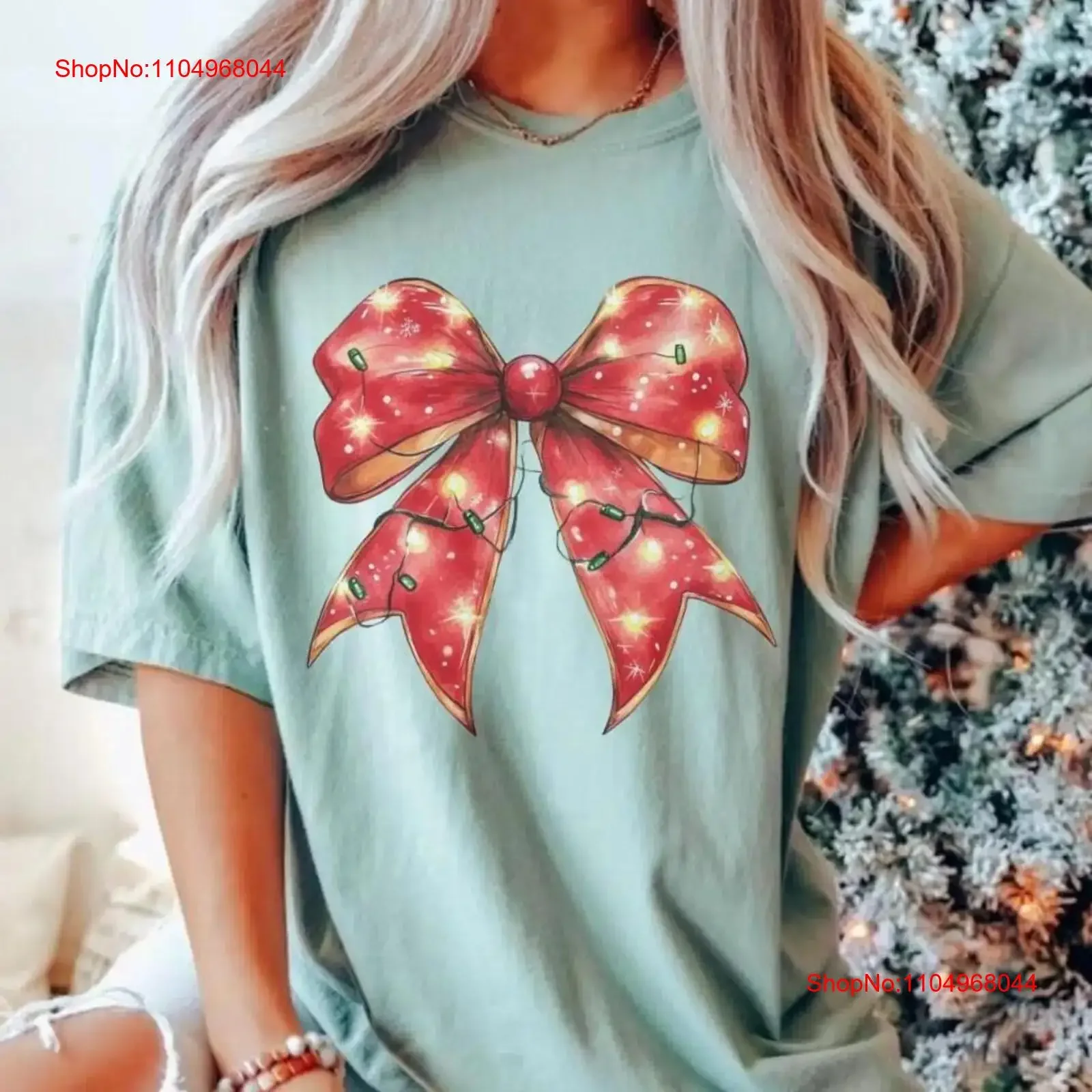 Christmas T Shirt Croquette Bow Lights Cute Santa Party vintage Washed Soft homme fashion Unisex designer clothes Breathable