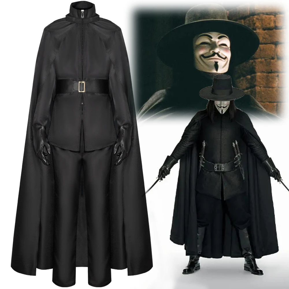 V for Vendetta Black Killer Suit Cosplay Costume with Cloak Suit Set Halloween Christmas Carnival Party Outfits for Adult