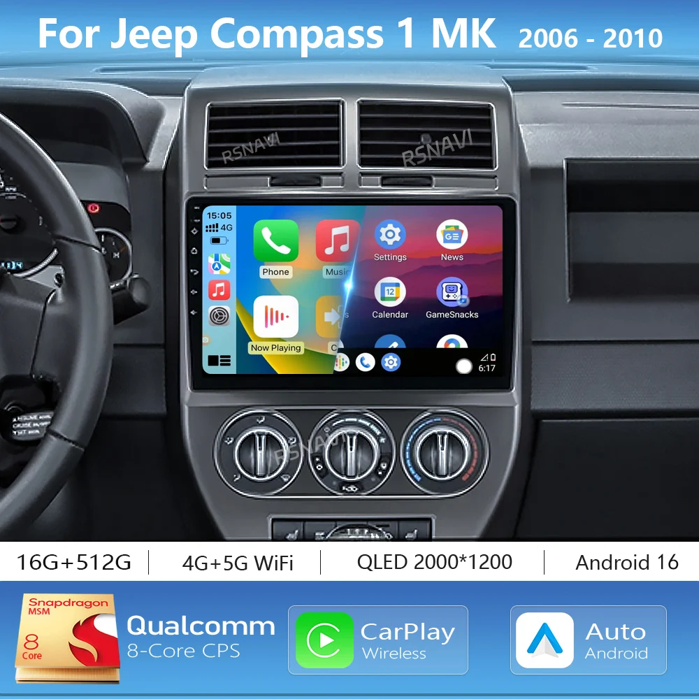 Android 16 Carplay Car Multimedia Radio Player For Dodge Caliber Jeep Compass 1 MK Patriot 2006 - 2010 GPS Stereo 2Din Head Unit