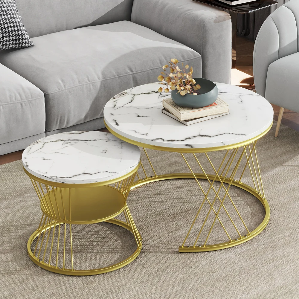 [VIDEO provided] ON-TREND Φ27.5'' & Φ17.7'' Nesting Coffee Table with Marble Grain Table Top, Golden Iron Frame Round Co